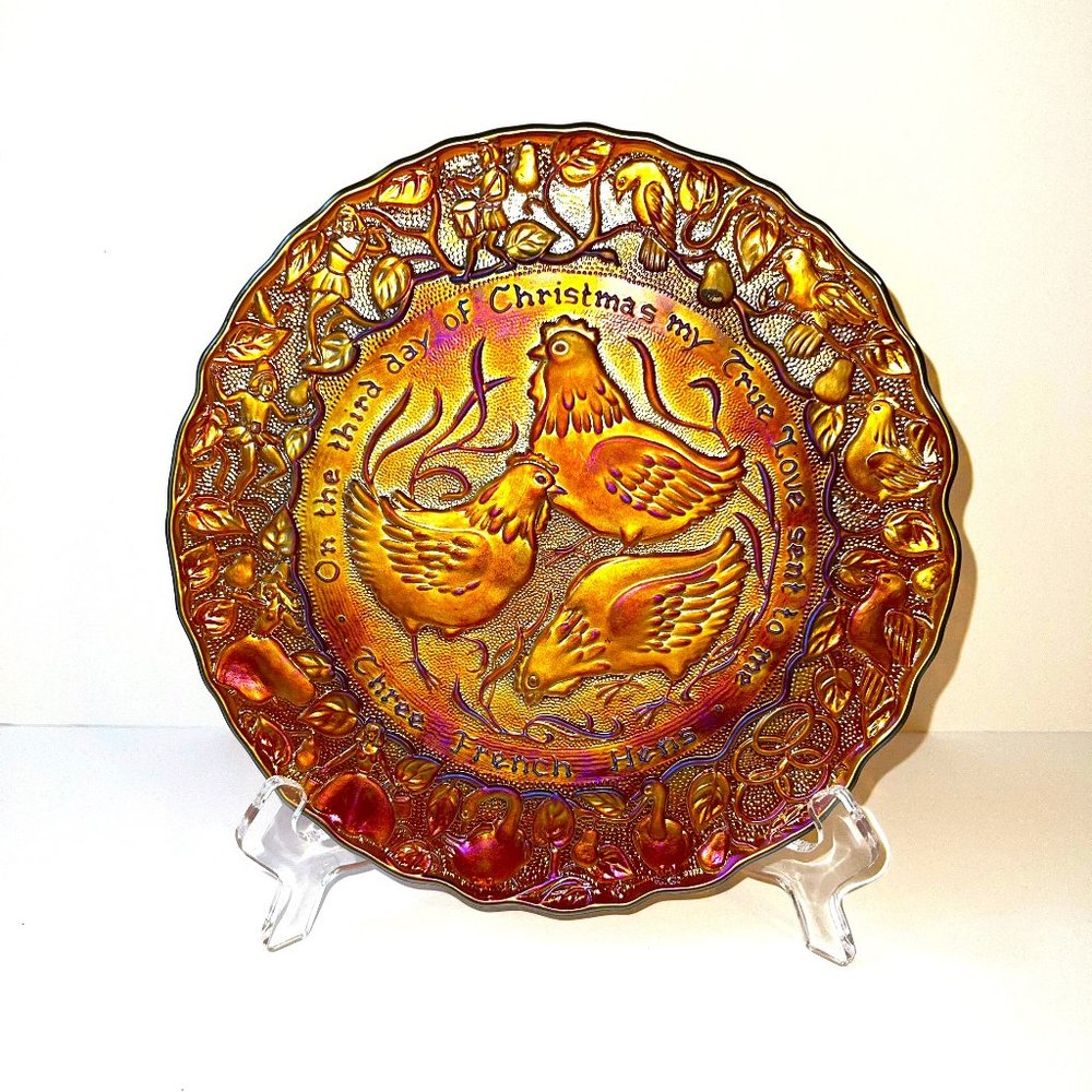 Imperial Vintage Carnival Glass Collector Plate "Three French Hens" USA 1972